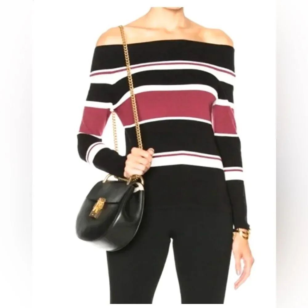 Veronica Beard Audrey Black Cream &โBrick Off The Shoulder Stripe Knit Sweater M